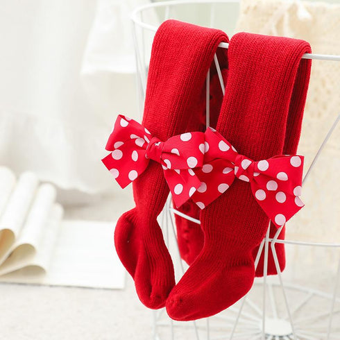 Children's Christmas and New Year plus velvet leggings red wave dot bow pantyhose padded pants